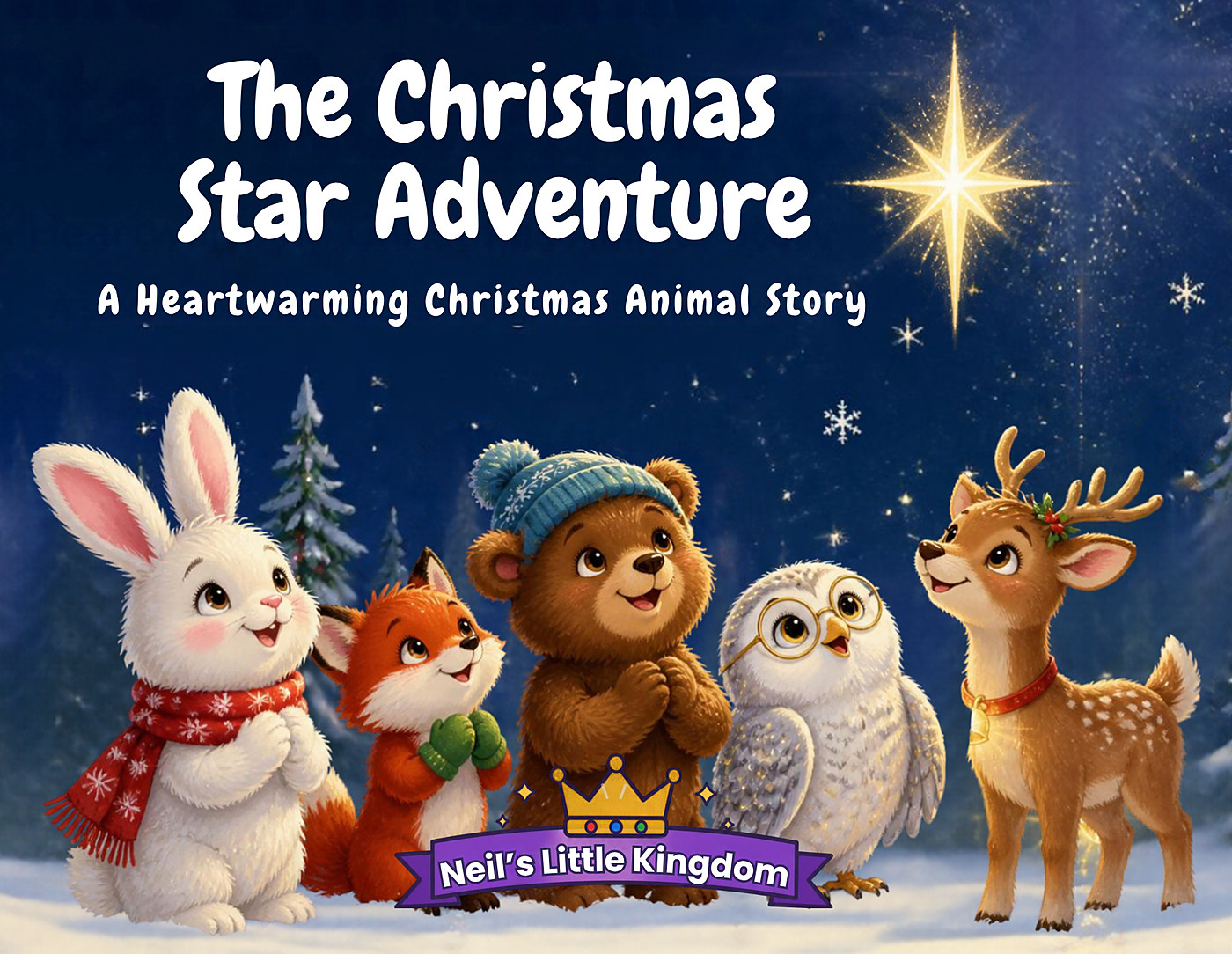 The Christmas Star Adventure cover: a bunny, fox, bear, owl and reindeer gazing up at a bright star in a snowy forest