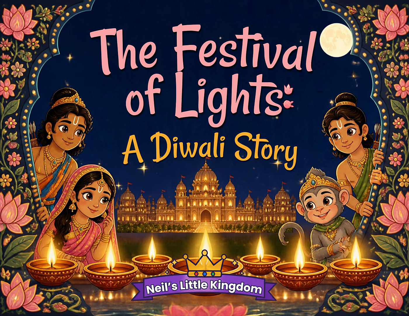 The Festival of Lights: A Diwali Story cover: Rama, Sita, Lakshmana and Hanuman with glowing diyas before a lit palace