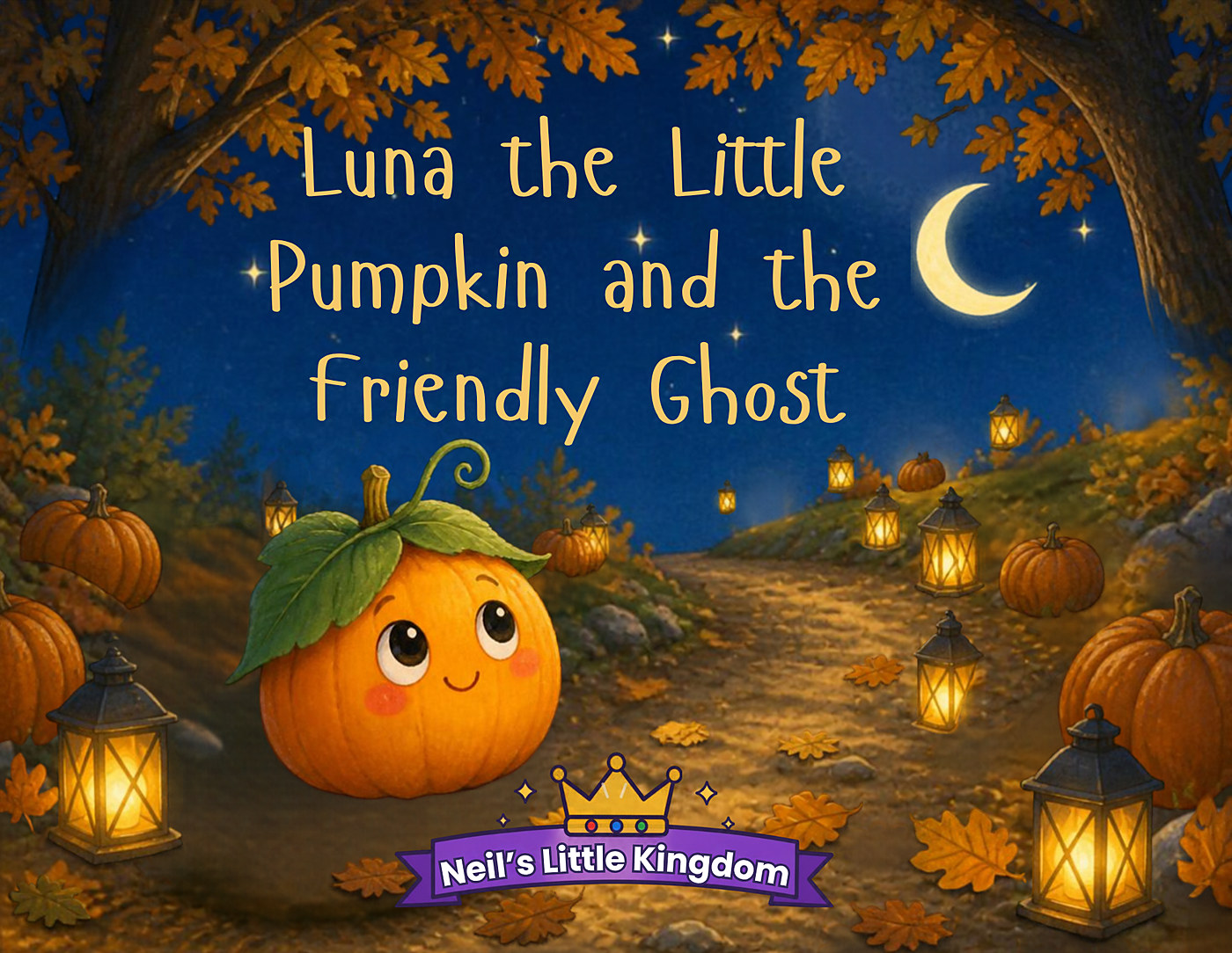 Luna the Little Pumpkin and the Friendly Ghost cover: a smiling little pumpkin on a lantern-lit autumn path under a crescent moon
