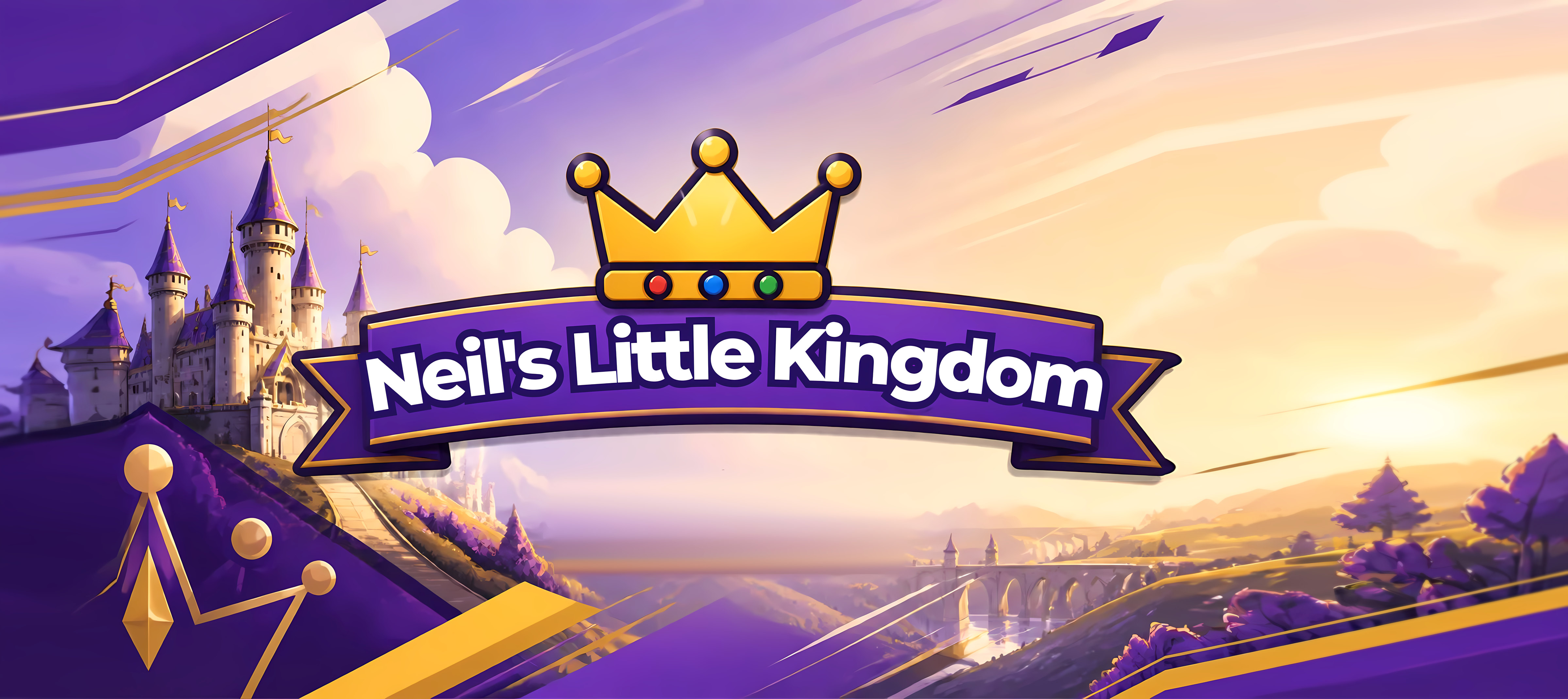 Neil's Little Kingdom: a gold crown over a purple ribbon, with a fairy-tale castle and a sunlit valley