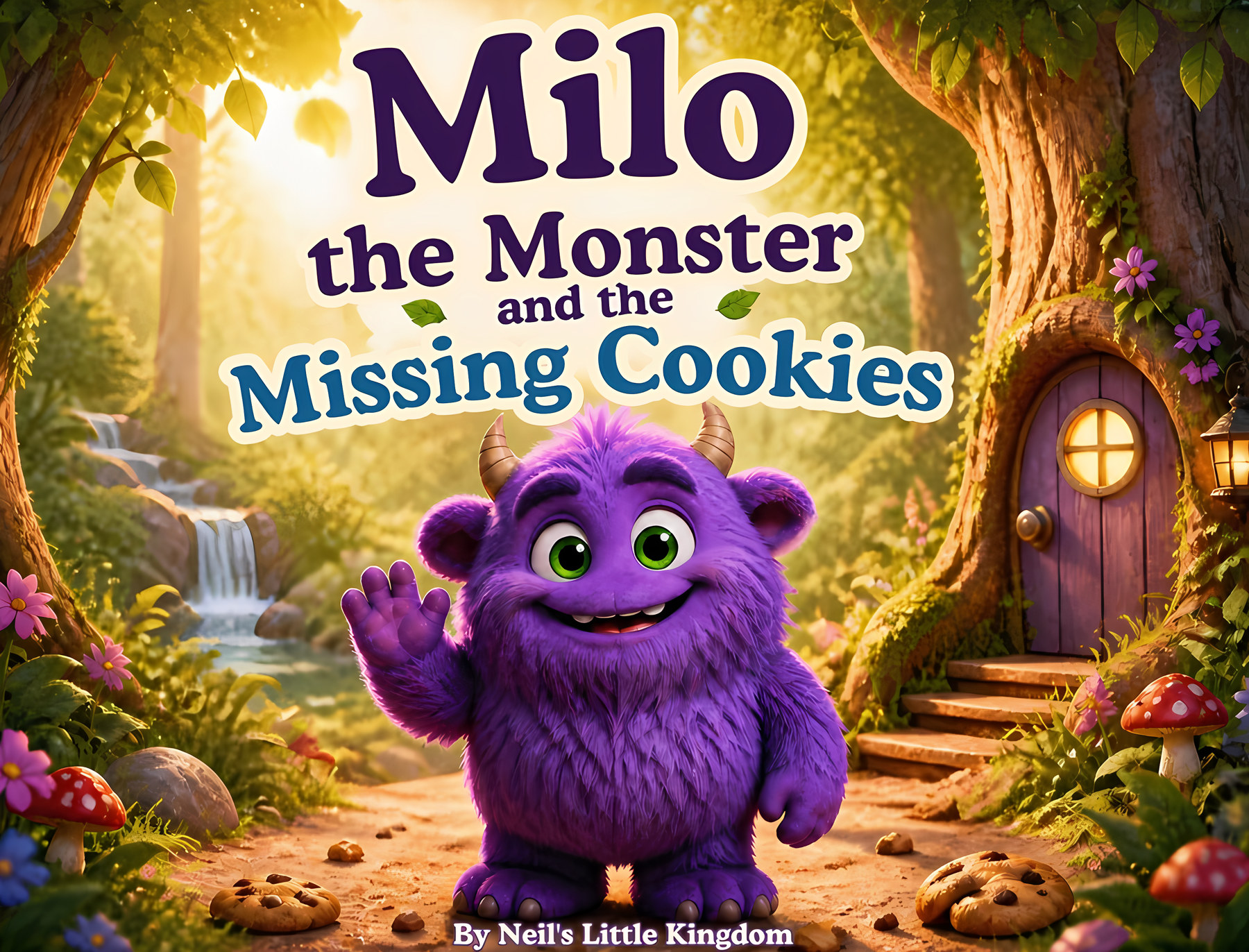 Milo the Monster and the Missing Cookies book cover: a fluffy purple monster waving on a forest path scattered with cookies
