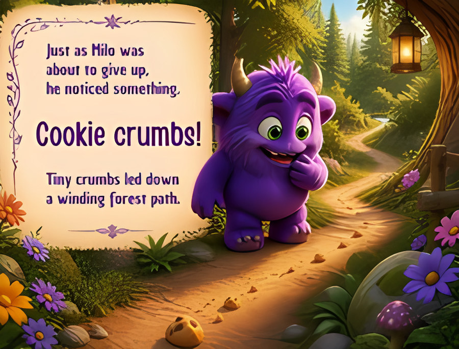 Milo spots cookie crumbs on a forest path