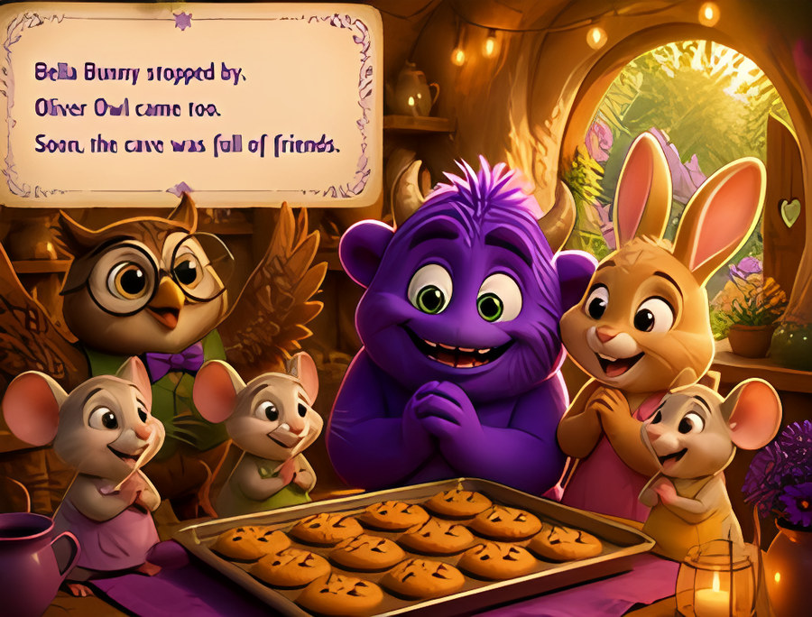 Milo, Bella Bunny, Oliver Owl and the mice share cookies