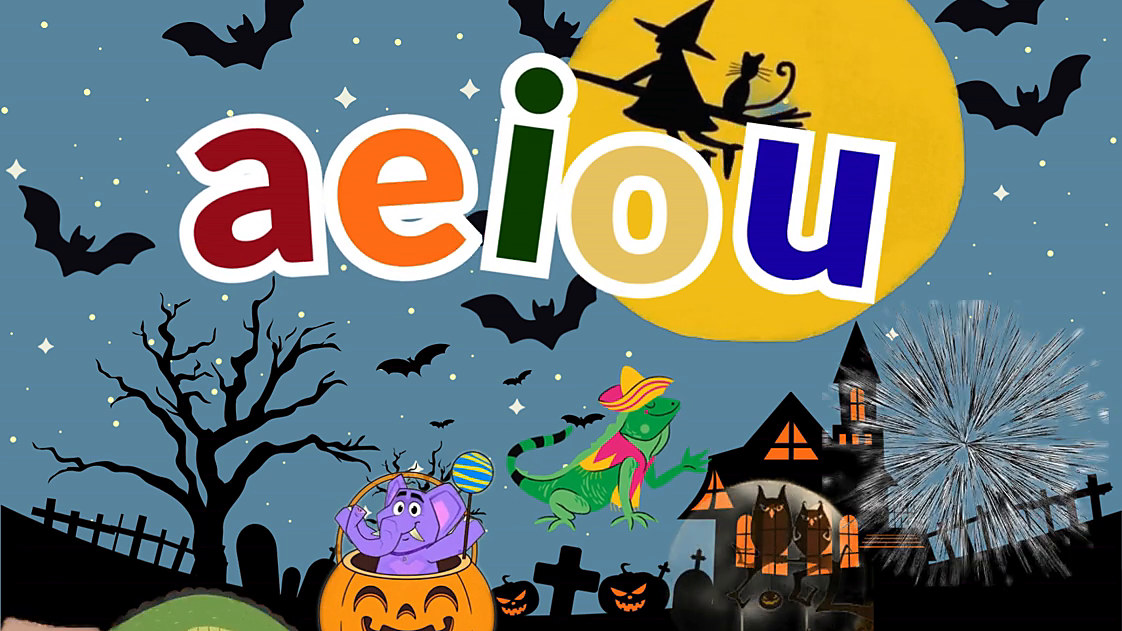 Halloween vowel song: colorful a e i o u letters over a moonlit night with bats, a witch and friendly animals