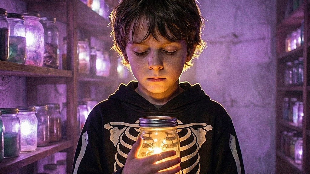 A boy in a skeleton hoodie holding a glowing jar in a purple-lit cellar full of jars