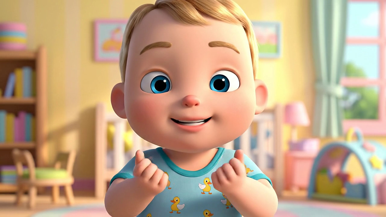 A smiling cartoon baby in a cozy nursery waving hello