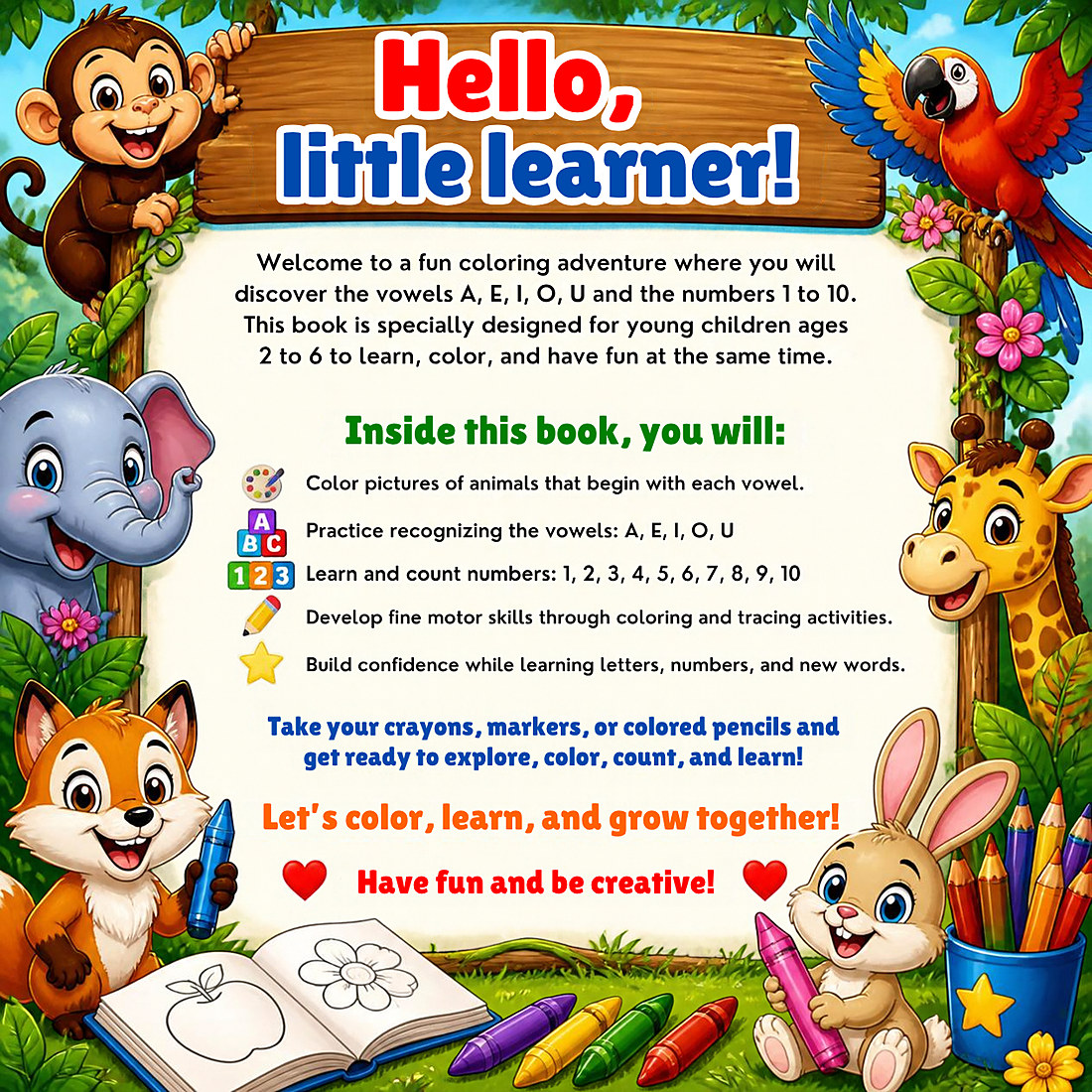 Hello, little learner! welcome page with jungle animals